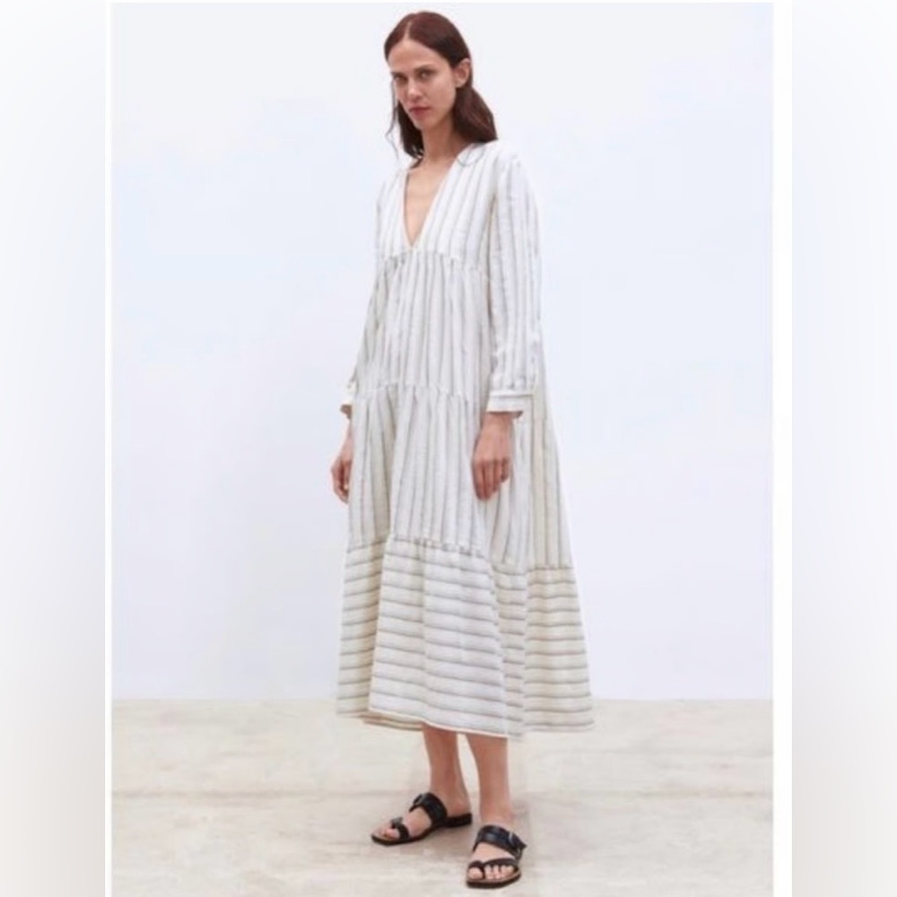 Zara White Striped Long Sleeve Maxi Dress
